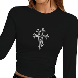 <b>Gothic</b> Cross Print Women's Long Sleeve Crop Top Y2K Fashion Crew Neck Knitted Spandex Polyester <b>Shirt</b> All Seasons - Product Image 1