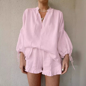 Women 2 Pieces Set Summer Clothes Casual Loose Cotton V Neck Lantern Sleeve Shorts High Waist Elegant Ruffle Shirt Shorts Set - Product Image 5