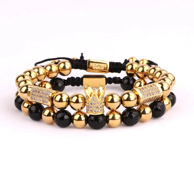 Renting Jewelry customized logo real gold plating CZ crown charm black onyx beads women men jewelry macrame bracelet set