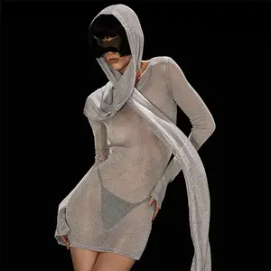 2023 Fall STOCK Fashion Bodycon See Through Dress Scarf Two Pieces Set Crochet Sheer Beachwear Cover Ups