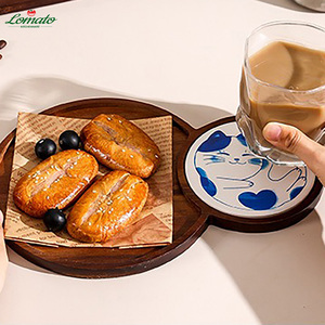 Tapis imprimé chat plateau de service à thé plateau en bois d'acacia plateau en bois diatomée-sous-verre de boue ensemble pour fournitures de restaurant hôtel - Product Image 1