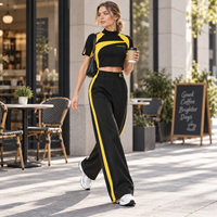 Ensemble deux pièces extensible en maille pour femme, polyester et élasthanne, pantalon large, tissu léger pour activités de plein air