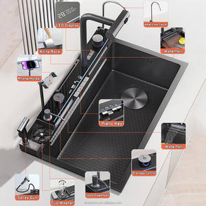Évier de cuisine moderne de luxe <span class=keywords><strong>en</strong></span> acier inoxydable 304 à cuvette unique, cascade intelligente, robinet de comptoir multifonctionnel noir nano à quatre trous - Product Image 3