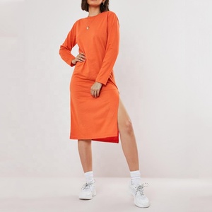 Customize Summer Midi Length Split <strong>Dress</strong> <strong>Orange</strong> Basic Long Sleeve Jersey Sexy t Shirt <strong>Dress</strong> - Product Image 1