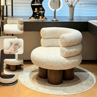Fauteuil inclinable et pivotant moderne en tissu peluche Teddy, base en bois massif, pour salon, chambre, hôtel, salle à manger