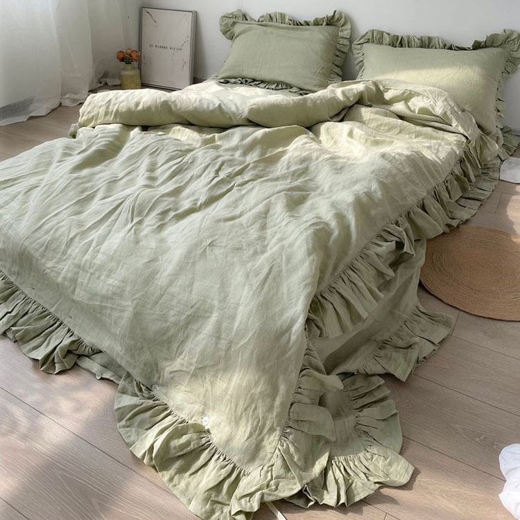 Ensemble de draps en lin à volants vert clair