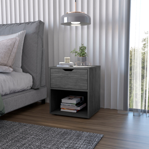 <b>Light</b> Gray Elegant Drawer Nightstand With Open Shelf For Bedroom Storage - Product Image 1