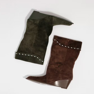 Women's Diamonds High Wedge Heels Ankles <b>Boots</b> Wide Top on Shoes Pointed Toe Suede Pleated Short Booties - Product Image 4