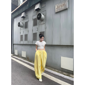 Pantalon large jaune d'été pour femme, taille élastique, dentelle et perles, style streetwear, amincissant, décontracté et respirant – Meilleure vente - Product Image 1