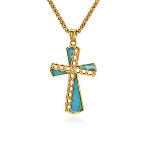 Stainless Steel <b>Cross</b> Necklace With Turquoise Inlay Bezel Setting Unisex Pendant Fashion Jewelry - Product Image 5