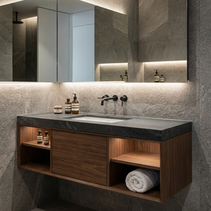 Mueble de Baño de Lujo Montado en la Pared con Encimera de Piedra Pizarra, Moderno Mueble Flotante para <span class=keywords><strong>Lavabo</strong></span> Resistente a la Humedad - Product Image 1