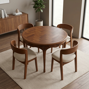<b>Round</b> Wooden <b>Dining</b> <b>Table</b> <b>Set</b> Teak Finish Wood Chair <b>Set</b> Modern <b>Dining</b> Room Furniture - Product Image 2