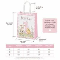 Tas Hadiah Ulang Tahun Pertama dengan Logo Custom KM, Hewan Ternak Domba Anak Ayam Anak Sapi, Motif Gingham Pink, Tas Souvenir Ulang Tahun Pertama yang Manis