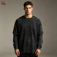 T-shirt unisexe oversize à manches longues, effet faux deux pièces, col, 100% coton 230, uni, délavé et vieilli, style streetwear vintage, expédition immédiate