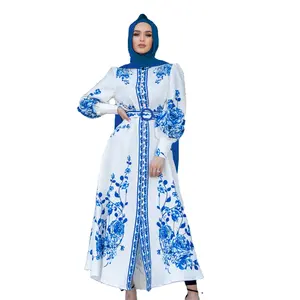 New Muslim fashion women's casual comfortable breathable long sleeved abaya stand collar printed large hem dress