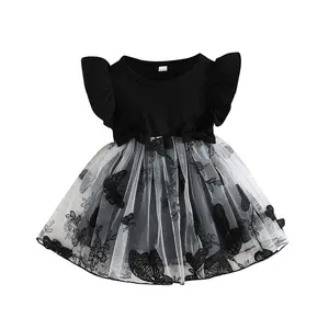 Factory wholesale For Infant Toddler Girls Princess Dress Flying Sleeve Knitted Bow Butterfly black Mesh Skirt A-line Dress