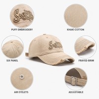 Casquette de baseball unisexe vintage sportive en coton kaki à 6 panneaux, réglable, avec bord effiloché et usé – Idéale pour la rue, les activités de plein air et les voyages en toutes saisons