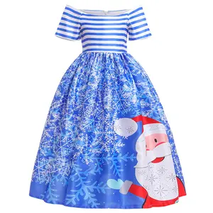 Haute qualité approvisionnement d'usine dessin animé père noël flocon de neige imprimé enfants robe fête de noël robe tournante pour les filles