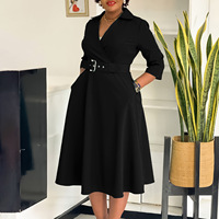 Robe pull mi-longue unie à revers en polyester, style A-line, nouvelle collection automne 2026 pour femmes européennes et américaines grandes tailles