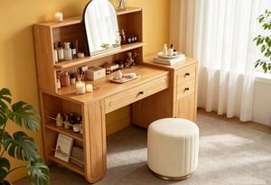 Scandinavian Beech Wood Makeup <b>Vanity</b> With Flip Top <b>Mirror</b> Storage Cabinet Bedroom Dressing <b>Table</b> - Product Image 2