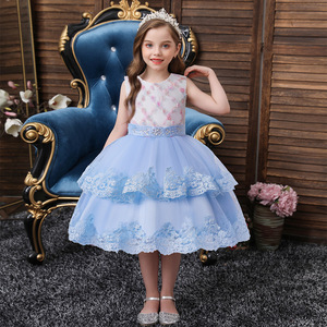Robe de princesse pour filles, bleu, tulle, dentelle, coupe trapèze, costume de spectacle de piano - Product Image 1