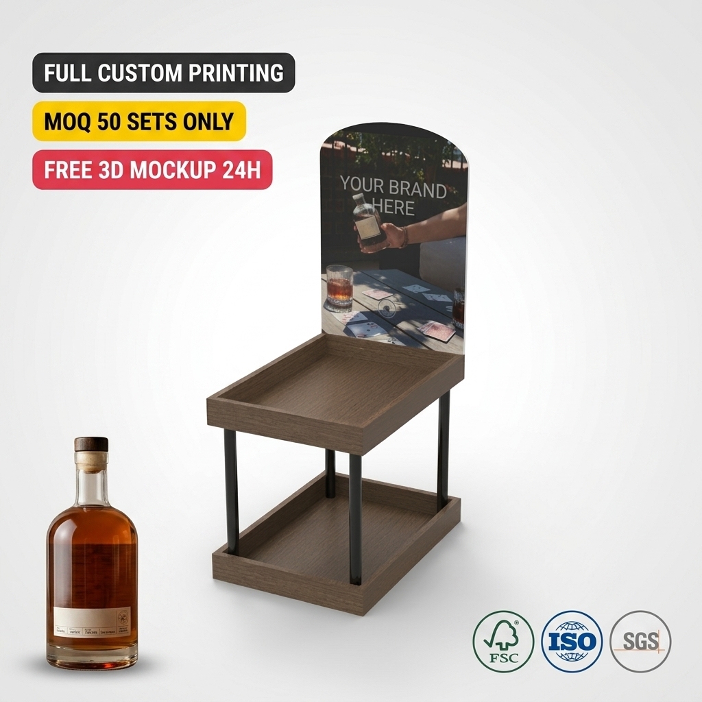 Custom Branded Wood Metal UV Cocktail Display Rack Floor Standing Craft Spirit Gin Bottle Holder Boutique Bar Tasting Room Shelf — view 1