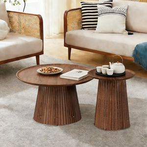 Set di 2 tavolini da caffè rotondi, grandi e piccoli, in legno, con finitura moderna in noce, per soggiorno e ufficio - Product Image 6