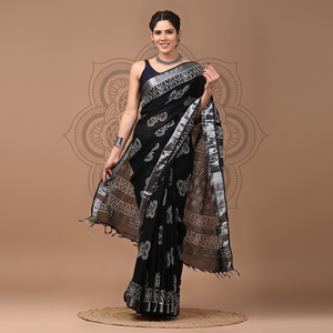 Puro Lino Seda Sarees Tradicional Impresión Digital PALLU con BLUSA - Product Image 1