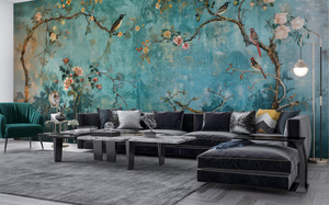 Carta da Parati Vintage Teal Chinoiserie con Motivi Floreali e Uccelli, Decorazione Murale Botanica Effetto Invecchiato per Sala da Pranzo e Soggiorno, Adesiva - Product Image 3
