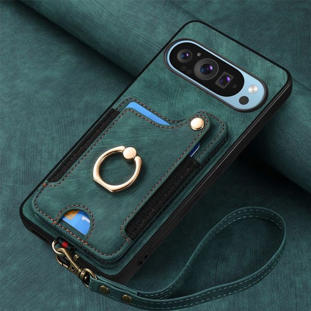 PU Leather Flip Folio Case Ring Holder Kickstand Wrist Strap RFID Blocking Wallet Case for Google Pixel 9 9Pro 9Pro XL Pixel 10