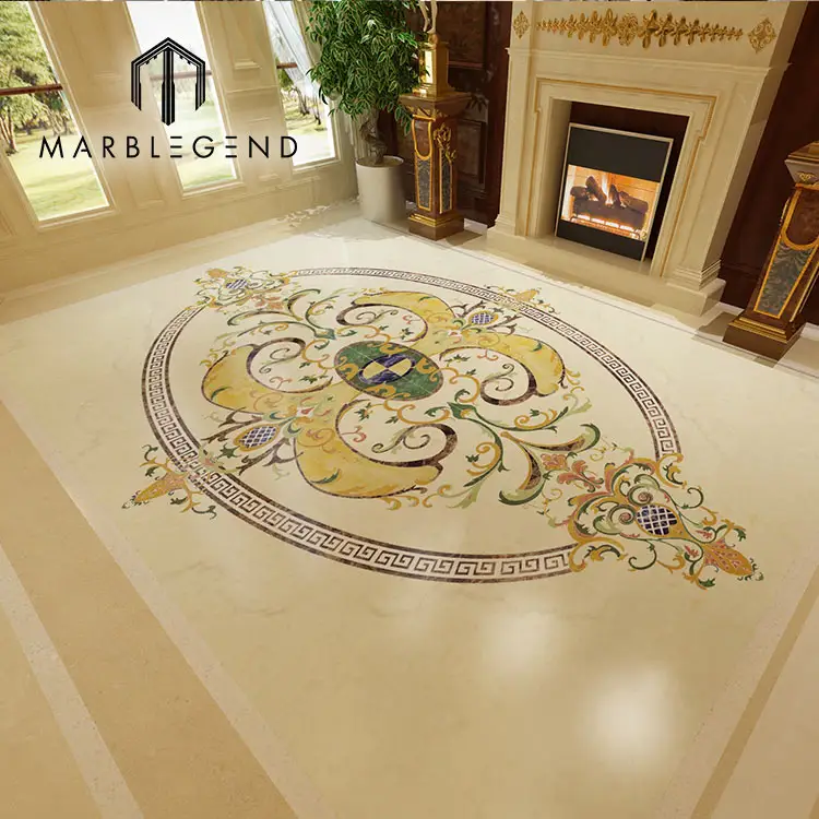 Zeitgenössisches Marmor Wohnzimmer poliert Wasserstrahl Marmor Inlay Medaillons Bodenbelag Teppich
