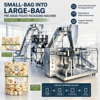 Machine d'emballage automatique pour sachets de pop-corn avec tri et pesage automatiques, pour l'organisation et l'emballage secondaire