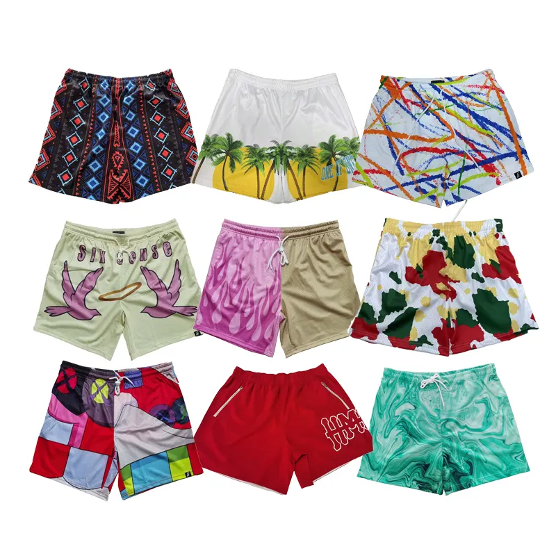 Pantaloncini da spiaggia con Logo personalizzato di alta qualità da uomo pantaloncini da spiaggia da 5 pollici in maglia da corsa in Nylon comodi pantaloncini da spiaggia floreali da uomo