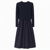 Robe midi décontractée vintage 2-en-1 plissée coupe trapèze en maille torsadée à manches longues bleu marine uni pour femme