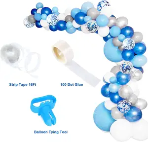 135 Buah Set Lengkungan Karangan Bunga Balon Biru Balon Lateks Confetti Putih Biru Perak dan Biru untuk Pernikahan Baby Shower