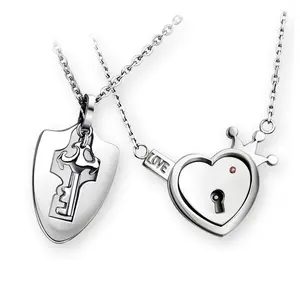 Hainon Lovers Fashion Stainless Steel Couples Necklace Crown Heart Key Shield Pendant Necklace Jewelry