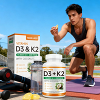 Capsules de vitamine D3 K2 végétaliennes à marque privée, 120 unités, pour adultes et adolescents, soutien immunitaire, santé osseuse, complément à l'huile de coco