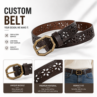 Ceinture en cuir personnalisée à découpes florales avec boucle en alliage de zinc, boucle hexagonale en laiton antique, ceinture pour femme