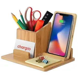 Leyi new wholesale Bamboo Wood Pen Holder Desktop Storage Removable Multifunctional Mobile Phone Wireless charger