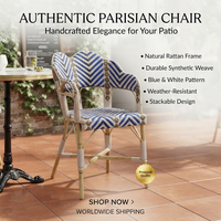 Chaise de bistrot d'extérieur en osier, structure en rotin naturel, tressage bleu chevron, fauteuil de loisirs robuste pour restaurant et hôtel, Émirats arabes unis