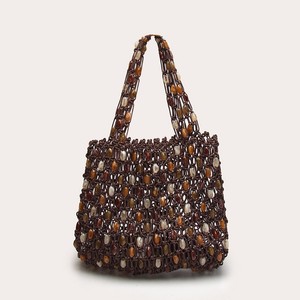 Nuevo Bolso Casual con Cuentas para Mujer, de <span class=keywords><strong>Moda</strong></span>, de Alta Gama, Tejido, con Dos Asas Abiertas, Diseño a Cuadros, Cuentas de Madera Huecas, Bolso de Hombro para Playa - Product Image 5
