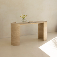 KUMUSI FURNITURE Table console moderne de luxe en pierre de travertin beige avec plateau en marbre