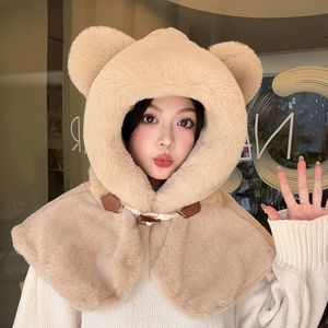 White Plush <b>Bear</b> Hat With Shawl Neck Warmer For Women Winter Warm Hoodie Style Commute Accessory - Product Image 3