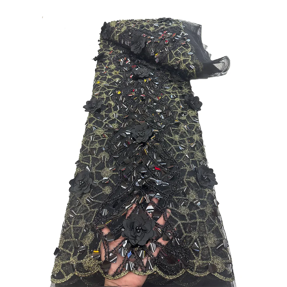 NI.AI BLack 3D Tecido De Malha De Flor Francês Net Lace Luxo Bordado Tecidos De Renda Para O Vestido De Casamento