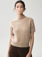 Nouveau pull en cachemire pour femme, col montant, couleur unie, tricot torsadé, polyvalent, amincissant, manches courtes, collection hiver