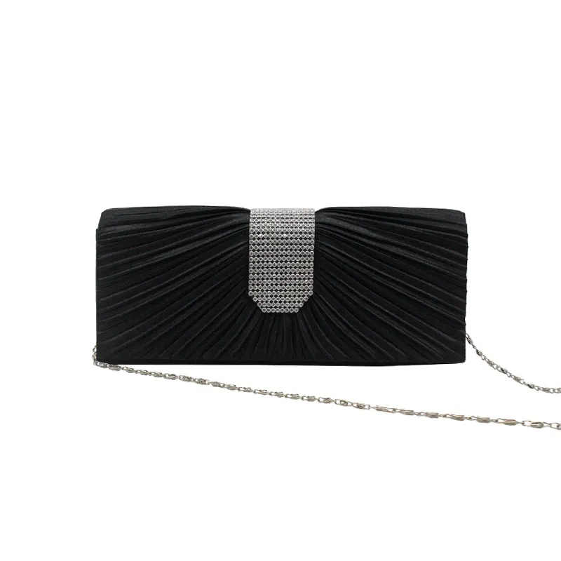 Wholesale Price Pure Color Black Silk Rhinestone Ladies Evening Bags Wedding Purse Clutch Handbag