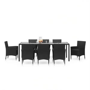 Set da Pranzo da Giardino in Rattan Nero per 8 Persone, Arredamento da Esterno Resistente alle Intemperie, Design Contemporaneo con Struttura in Metallo - Product Image 1