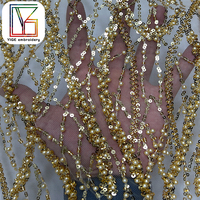 Tissu en dentelle de tulle perlé fait main de luxe doré, avec perles et sequins haute densité, pour robe de mariée