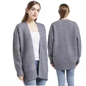 New Design Oversize Loose Versatile Solid Casual Jacquard Pattern Length Knitted Sweater Cardigan For Women