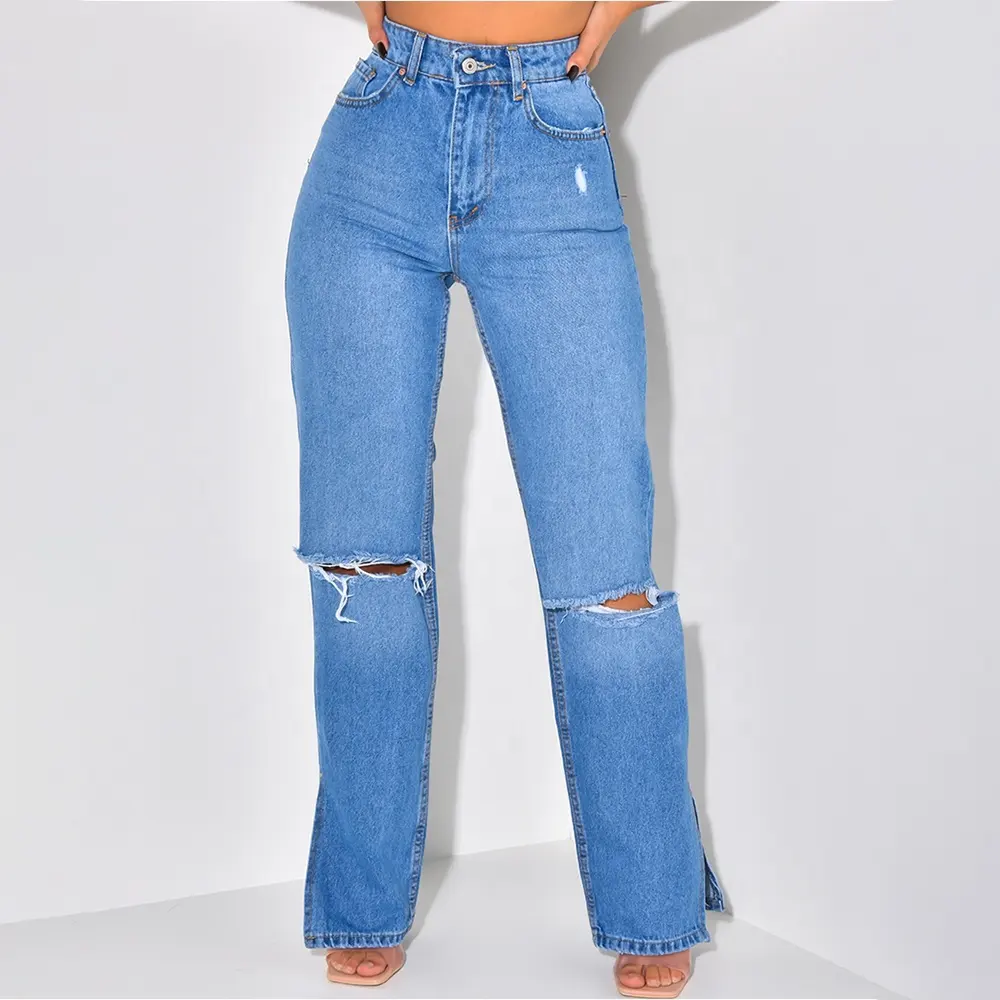 High Quality Denim Hole Straight Plus Size Jeans Pants High Waist Light Washed Split Hem Women's Jeans